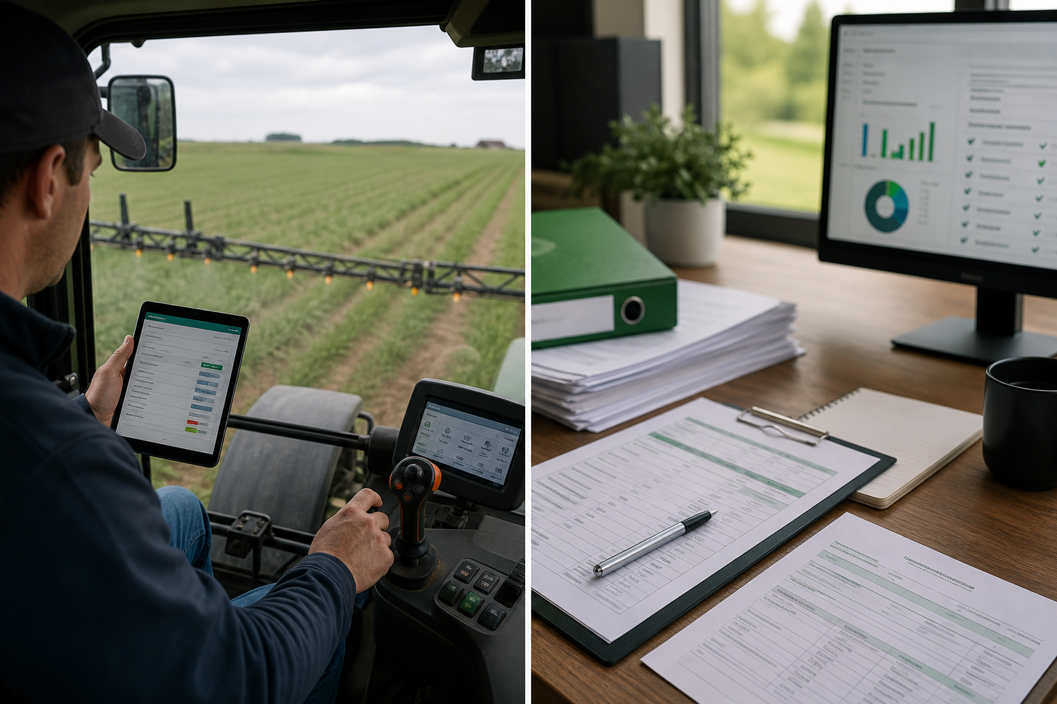 Farm manager reviewing digital spray application records and contractor submissions on a dashboard