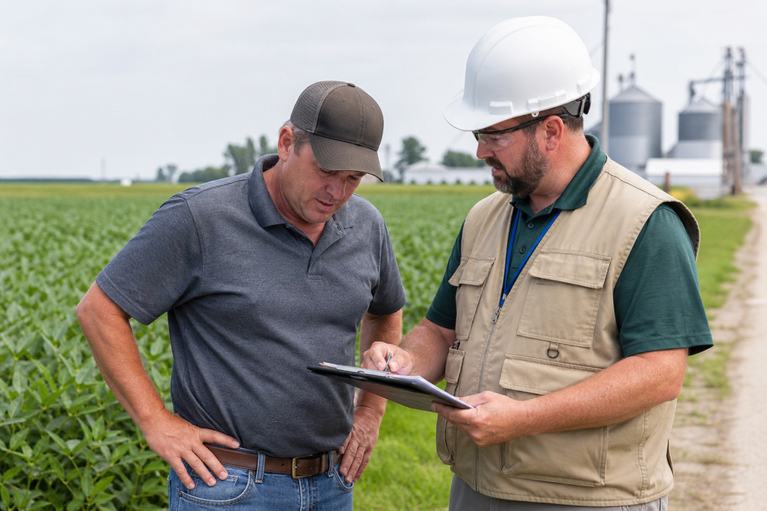 EPA agricultural inspector with clipboard reviewing pesticide application records at a farm