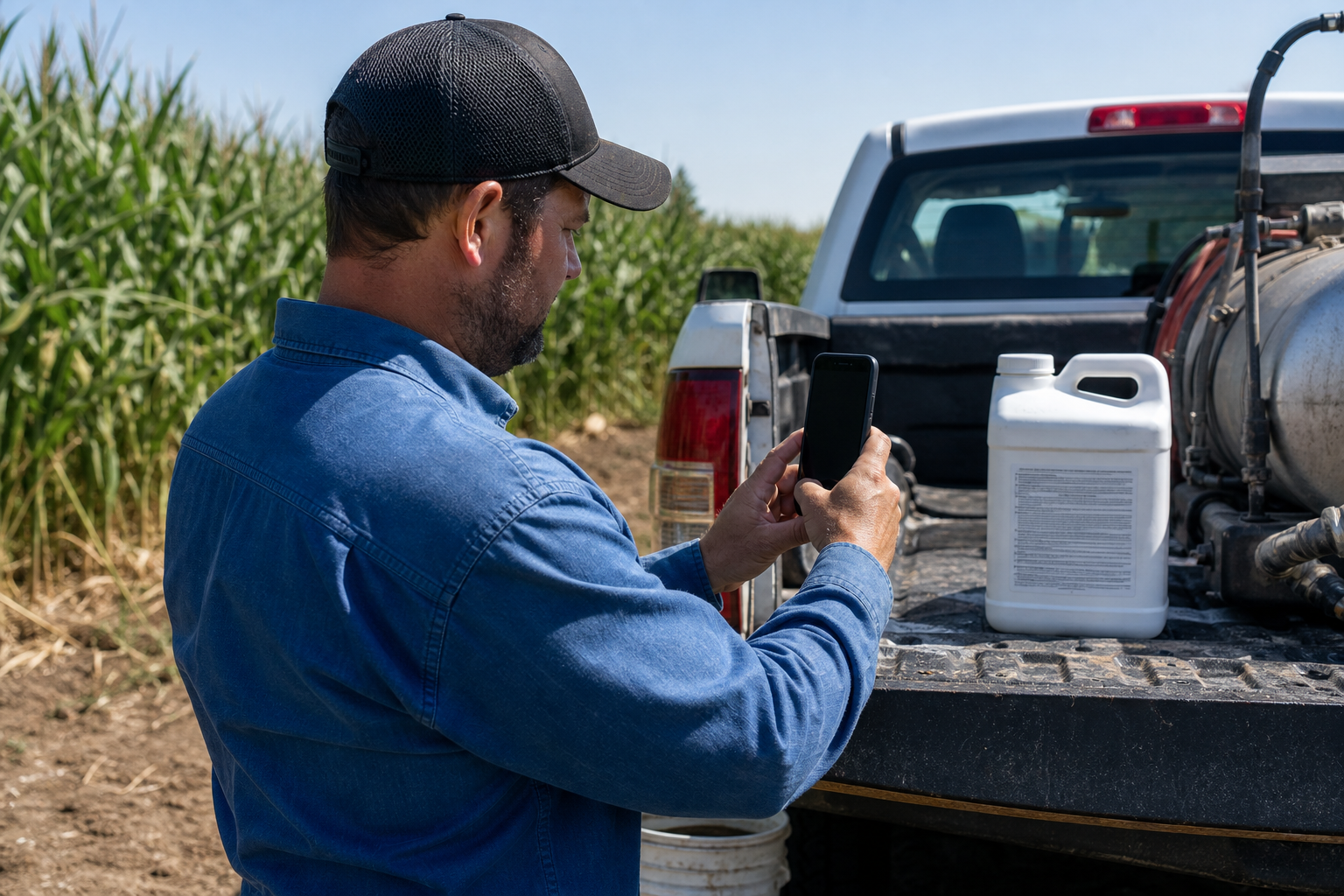 Applicator photographing pesticide product label with a smartphone in the field