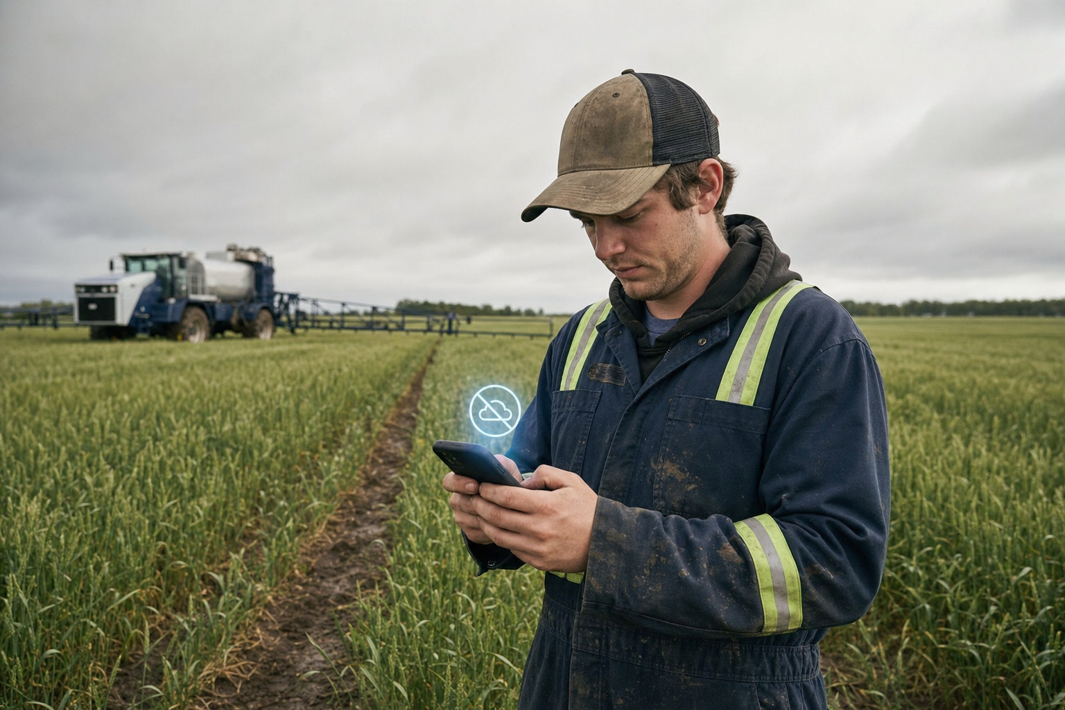 Farm applicator logging a spray application on a smartphone in the field with no cell service