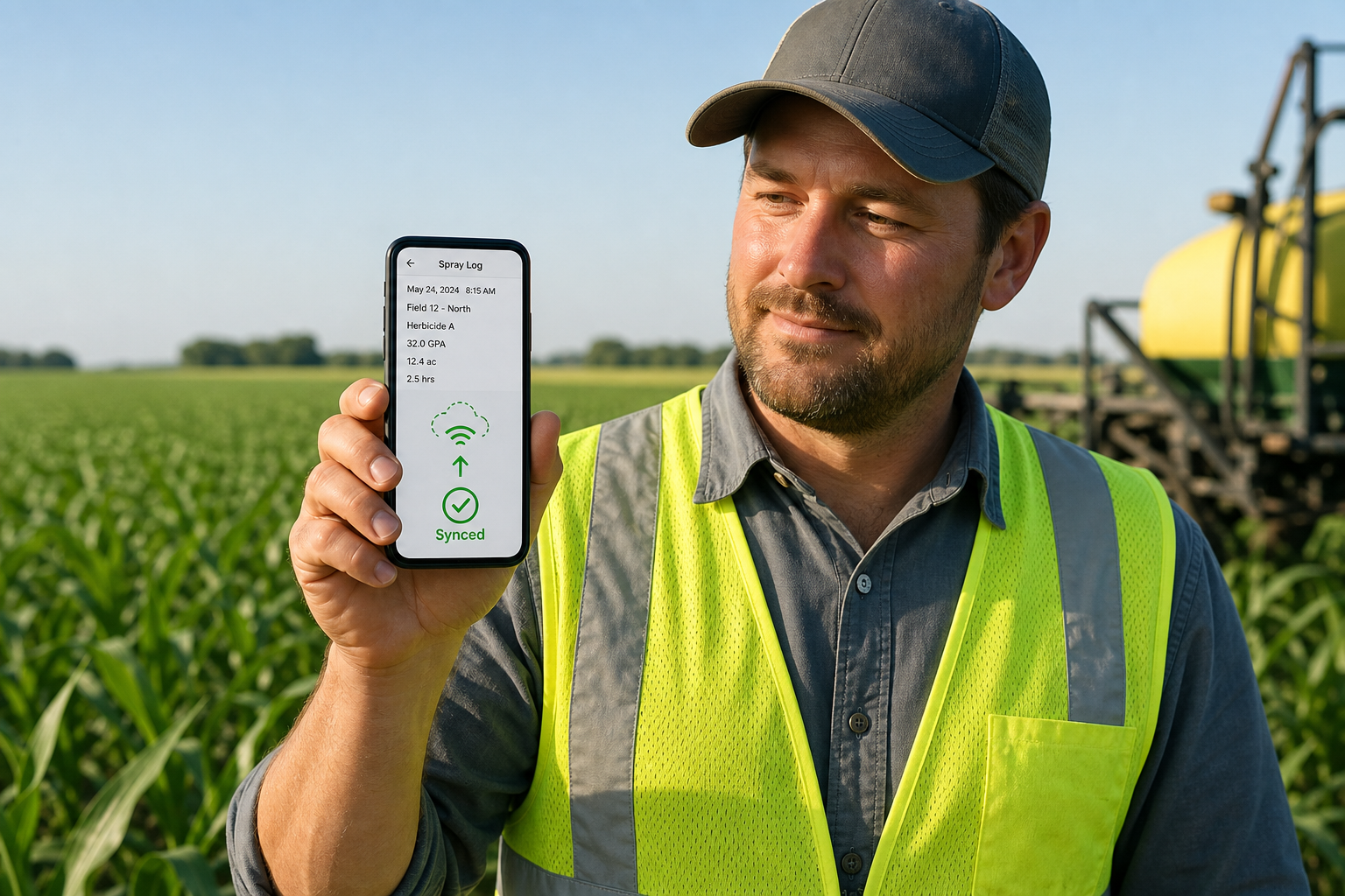 Applicator in the field as a smartphone spray log syncs after reconnecting to cell service