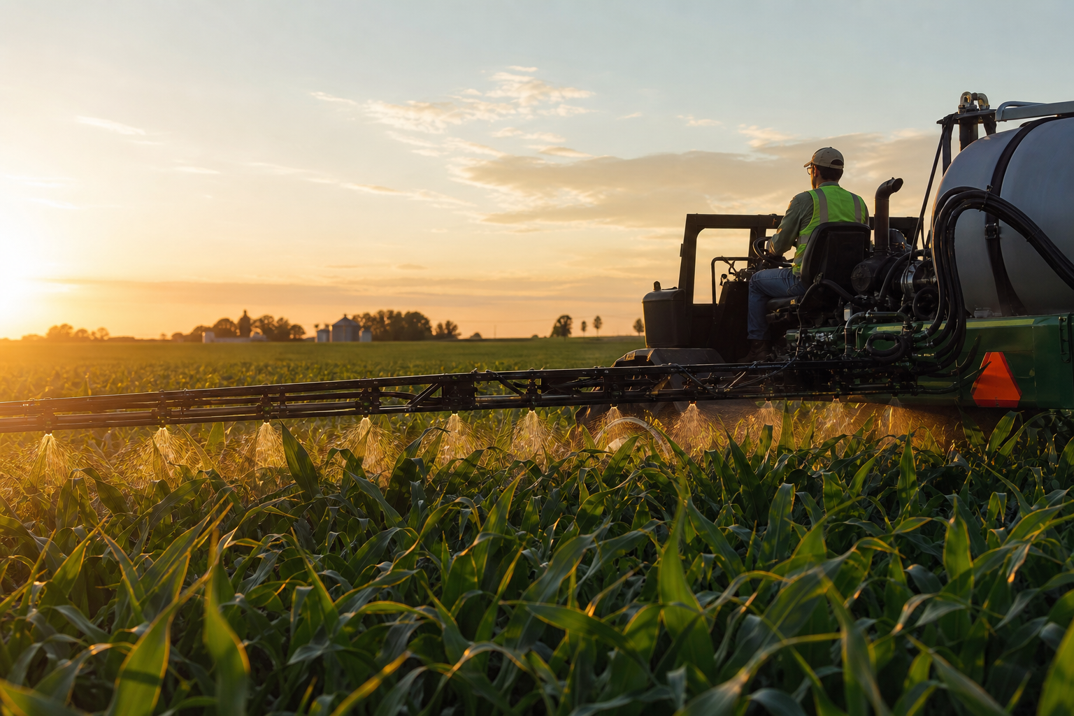 Agricultural contractor applying pesticide in a crop field with commercial spray equipment